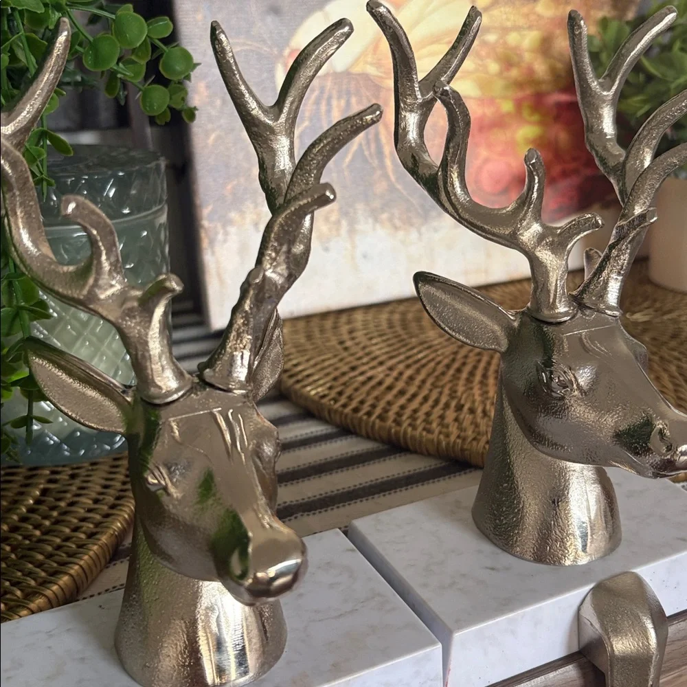 Crate & Barrel Silver Reindeer Bust Stocking Holders, Set Of 2